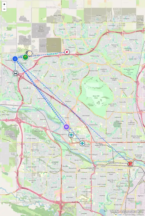 Daily accessibility map for 18 ROCK LAKE VW NW, Calgary showing nearby schools, grocery stores, parks, LRT stations and nearby amenities
