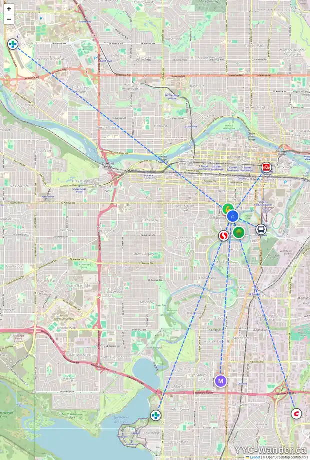 Daily accessibility map for 101 313 20 AV SW, Calgary showing nearby schools, grocery stores, parks, LRT stations and nearby amenities
