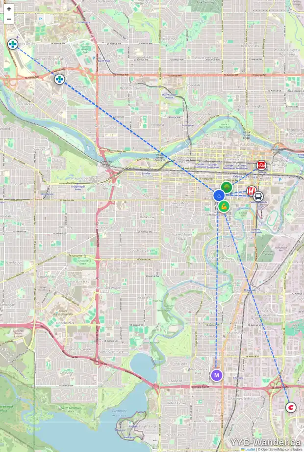 Daily accessibility map for 530 15 AV SW, Calgary showing nearby schools, grocery stores, parks, LRT stations and nearby amenities