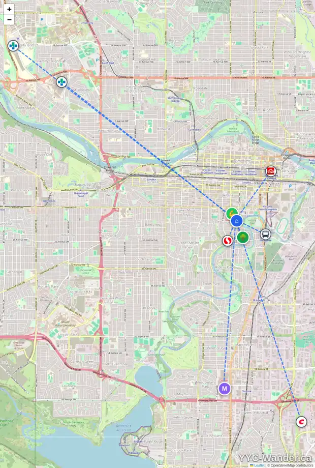 Daily accessibility map for 301 313 20 AV SW, Calgary showing nearby schools, grocery stores, parks, LRT stations and nearby amenities