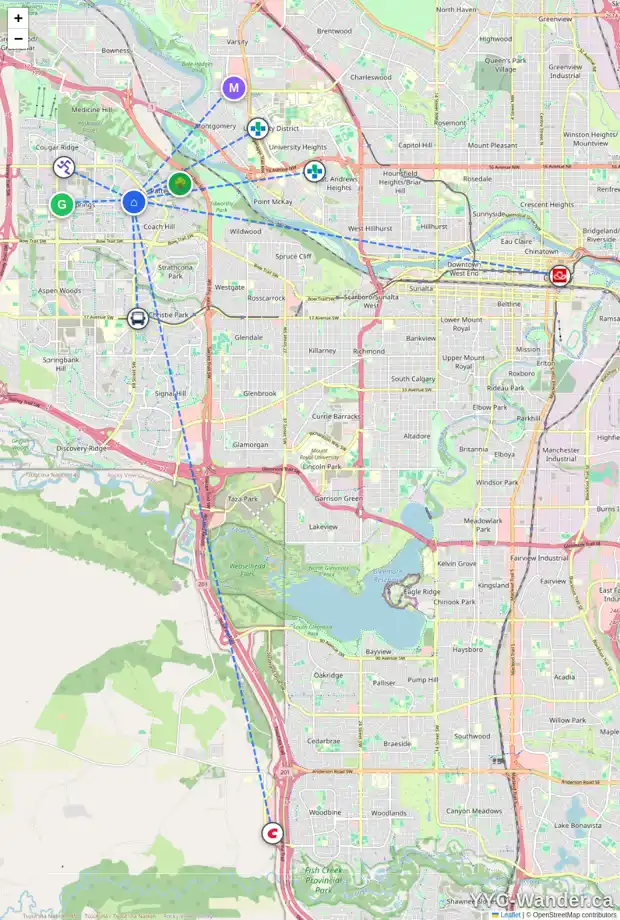 Daily accessibility map for 131 WESTPOINT GD SW, Calgary showing nearby schools, grocery stores, parks, LRT stations and nearby amenities
