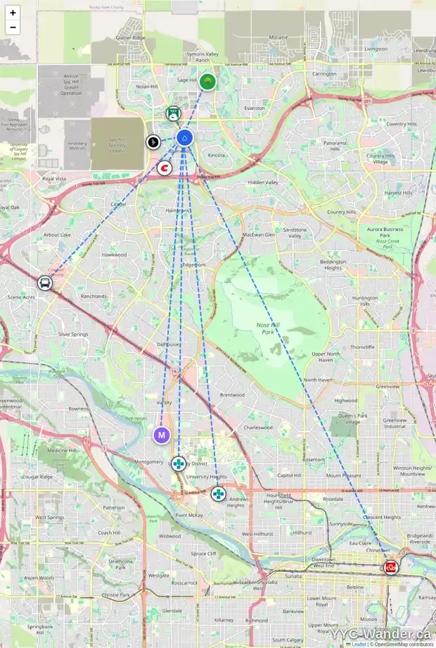 Daily accessibility map for 6 SHERWOOD PZ NW, Calgary showing nearby schools, grocery stores, parks, LRT stations and nearby amenities