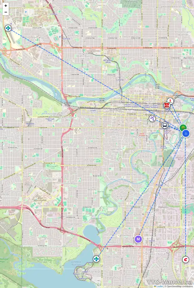 Daily accessibility map for 2007 RAMSAY ST SE, Calgary showing nearby schools, grocery stores, parks, LRT stations and nearby amenities