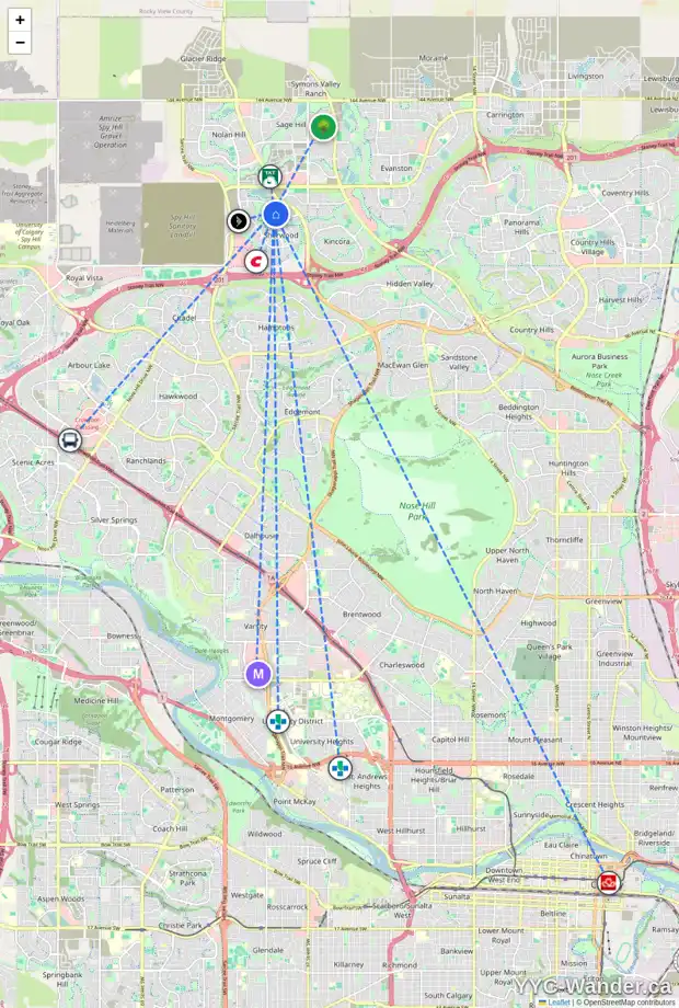 Daily accessibility map for 2 SHERWOOD ST NW, Calgary showing nearby schools, grocery stores, parks, LRT stations and nearby amenities