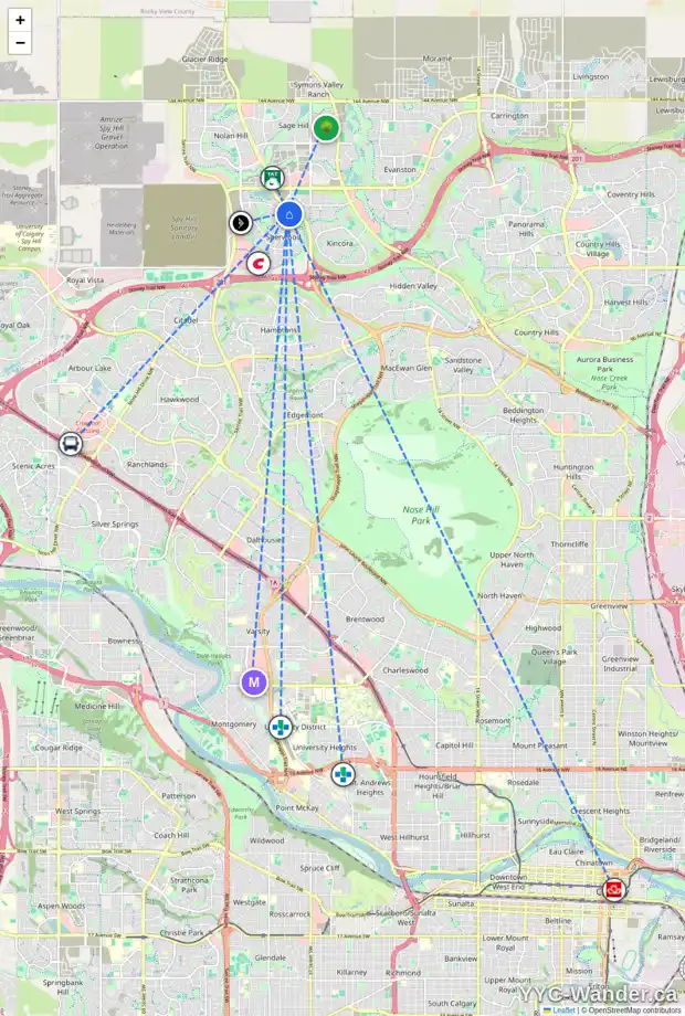 Daily accessibility map for 14 SHERWOOD PZ NW, Calgary showing nearby schools, grocery stores, parks, LRT stations and nearby amenities