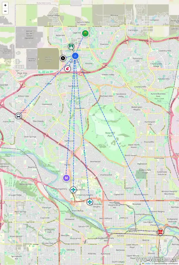 Daily accessibility map for 18 SHERWOOD PZ NW, Calgary showing nearby schools, grocery stores, parks, LRT stations and nearby amenities