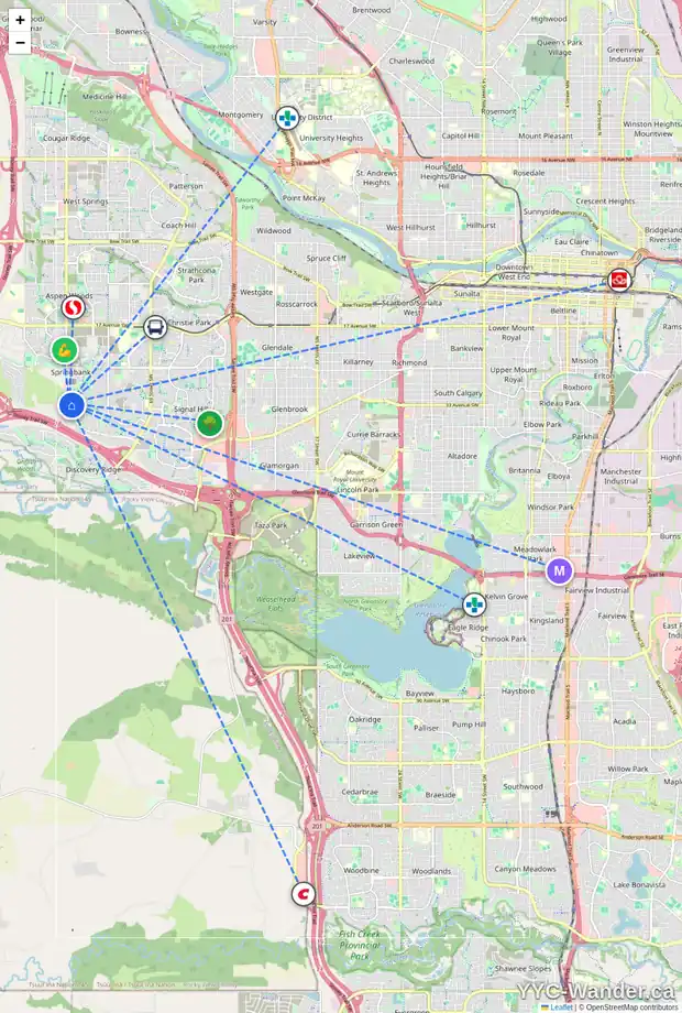 Daily accessibility map for 11 TIMBERLINE GA SW, Calgary showing nearby schools, grocery stores, parks, LRT stations and nearby amenities