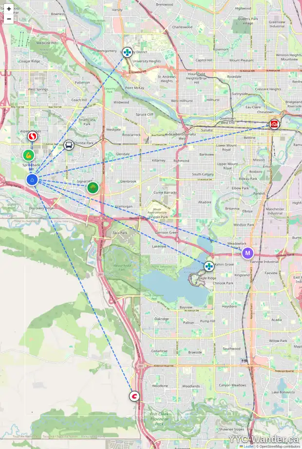 Daily accessibility map for 15 TIMBERLINE GA SW, Calgary showing nearby schools, grocery stores, parks, LRT stations and nearby amenities