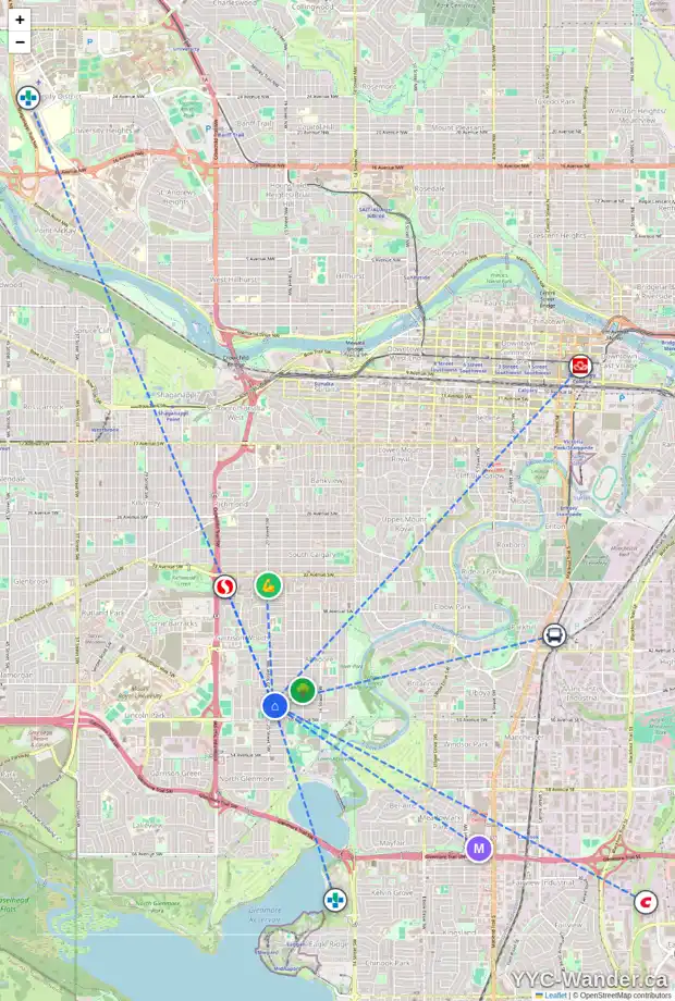 Daily accessibility map for 2037 48 AV SW, Calgary showing nearby schools, grocery stores, parks, LRT stations and nearby amenities