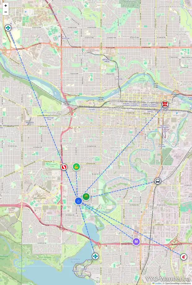 Daily accessibility map for 2035 48 AV SW, Calgary showing nearby schools, grocery stores, parks, LRT stations and nearby amenities