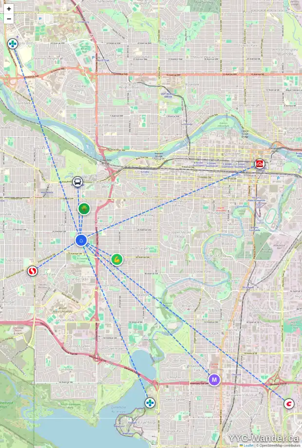 Daily accessibility map for 3007 26 ST SW, Calgary showing nearby schools, grocery stores, parks, LRT stations and nearby amenities