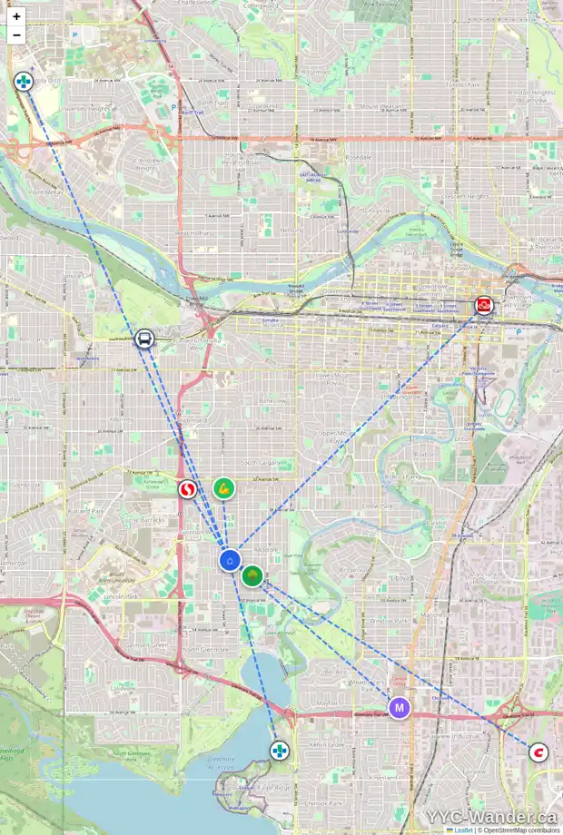 Daily accessibility map for 2035 44 AV SW, Calgary showing nearby schools, grocery stores, parks, LRT stations and nearby amenities