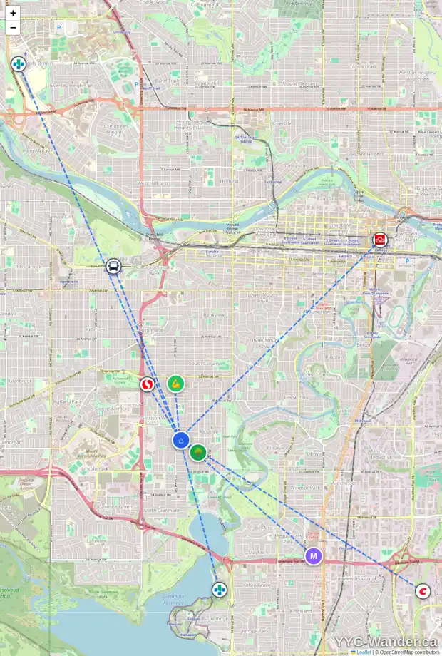 Daily accessibility map for 2033 44 AV SW, Calgary showing nearby schools, grocery stores, parks, LRT stations and nearby amenities