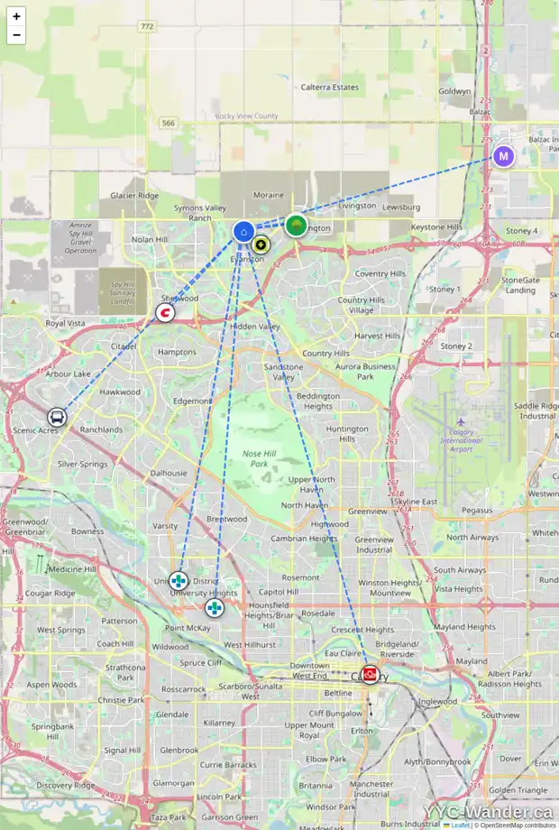 Daily accessibility map for 829 EVANSTON DR NW, Calgary showing nearby schools, grocery stores, parks, LRT stations and nearby amenities