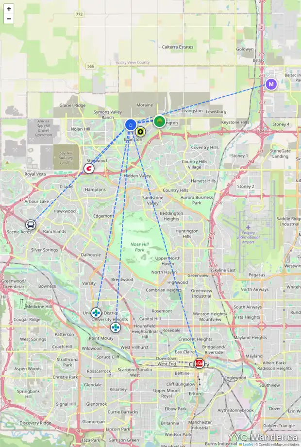 Daily accessibility map for 813 EVANSTON DR NW, Calgary showing nearby schools, grocery stores, parks, LRT stations and nearby amenities