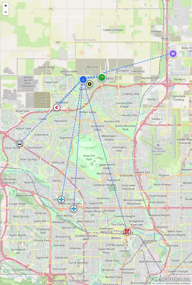 Daily accessibility map for 805 EVANSTON DR NW, Calgary showing nearby schools, grocery stores, parks, LRT stations and nearby amenities