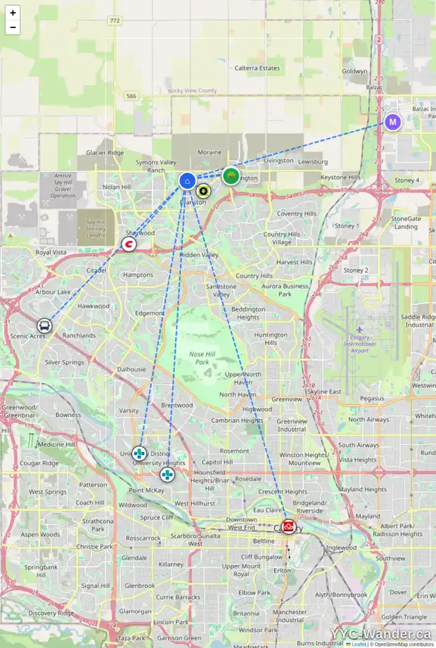 Daily accessibility map for 781 EVANSTON DR NW, Calgary showing nearby schools, grocery stores, parks, LRT stations and nearby amenities
