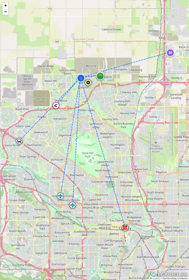 Daily accessibility map for 769 EVANSTON DR NW, Calgary showing nearby schools, grocery stores, parks, LRT stations and nearby amenities