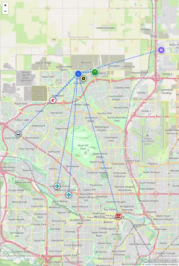 Daily accessibility map for 50 EVANSBOROUGH CR NW, Calgary showing nearby schools, grocery stores, parks, LRT stations and nearby amenities