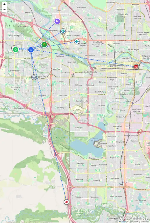 Daily accessibility map for 203 WESTPOINT GD SW, Calgary showing nearby schools, grocery stores, parks, LRT stations and nearby amenities
