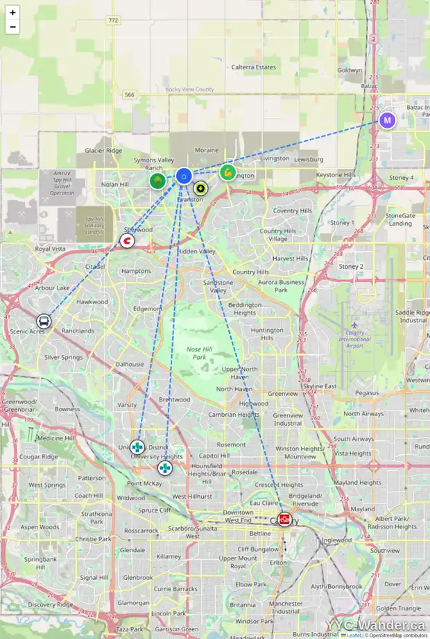 Daily accessibility map for 612 EVANSBOROUGH WY NW, Calgary showing nearby schools, grocery stores, parks, LRT stations and nearby amenities