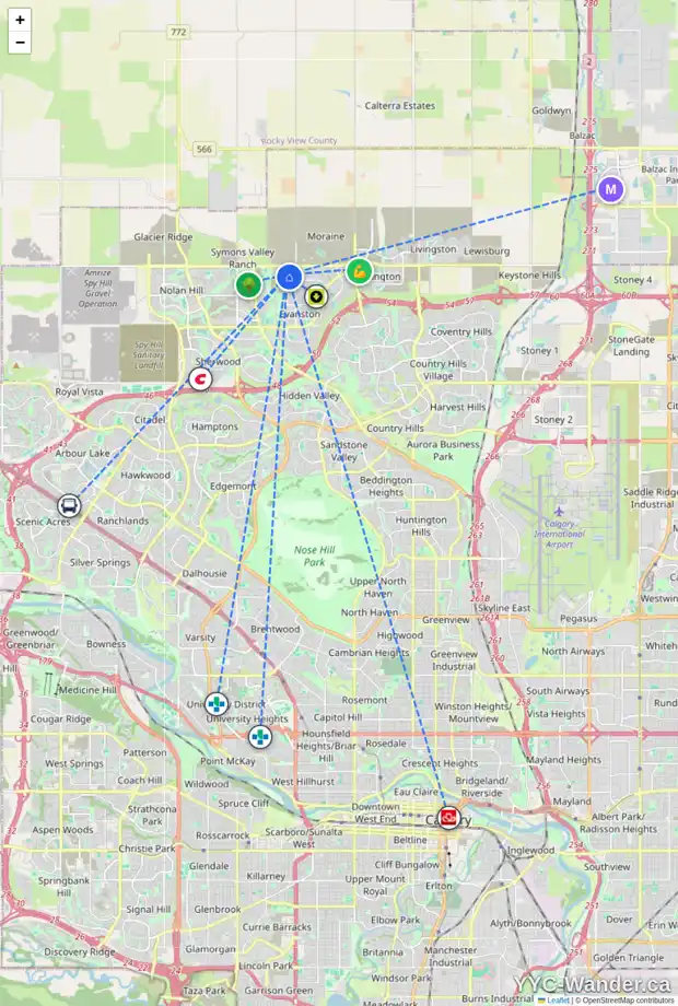 Daily accessibility map for 604 EVANSBOROUGH WY NW, Calgary showing nearby schools, grocery stores, parks, LRT stations and nearby amenities