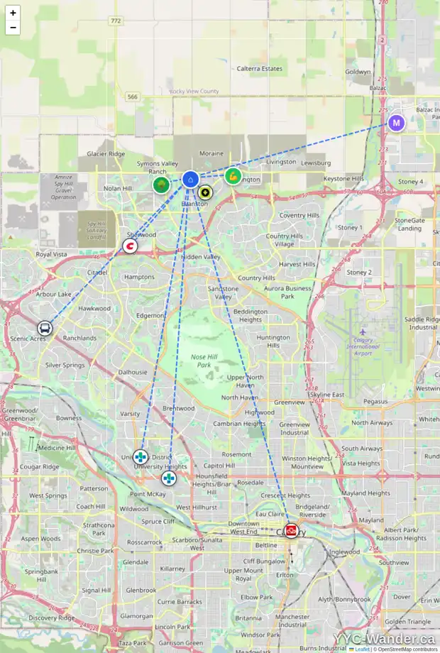 Daily accessibility map for 60 EVANSBOROUGH WY NW, Calgary showing nearby schools, grocery stores, parks, LRT stations and nearby amenities