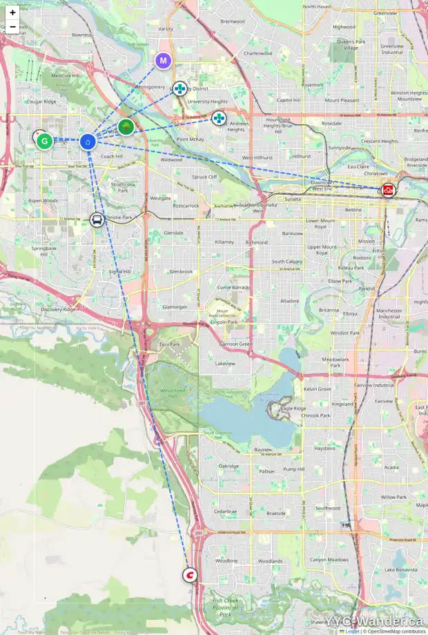 Daily accessibility map for 207 WESTPOINT GD SW, Calgary showing nearby schools, grocery stores, parks, LRT stations and nearby amenities
