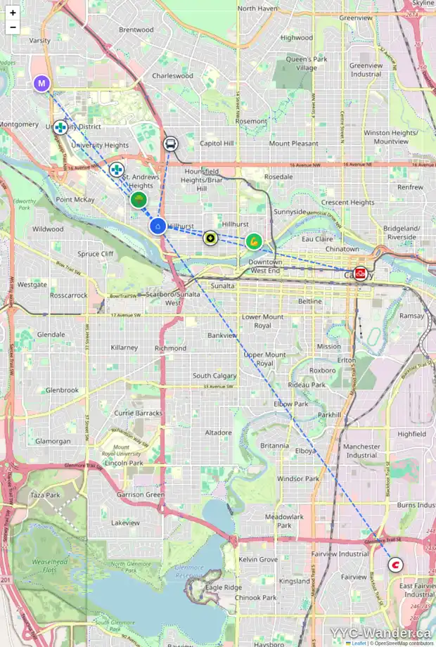 Daily accessibility map for 2534 3 AV NW, Calgary showing nearby schools, grocery stores, parks, LRT stations and nearby amenities
