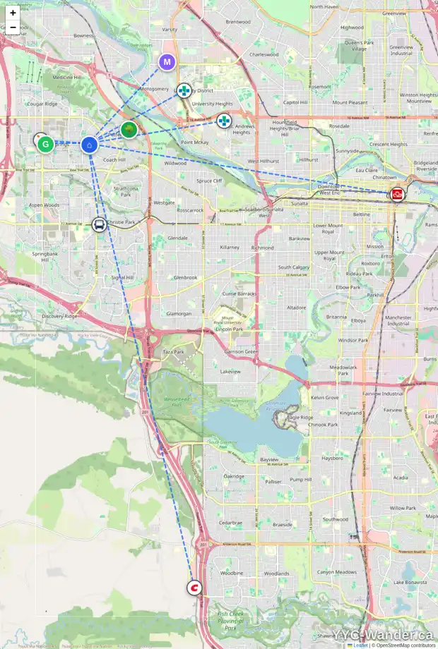 Daily accessibility map for 211 WESTPOINT GD SW, Calgary showing nearby schools, grocery stores, parks, LRT stations and nearby amenities