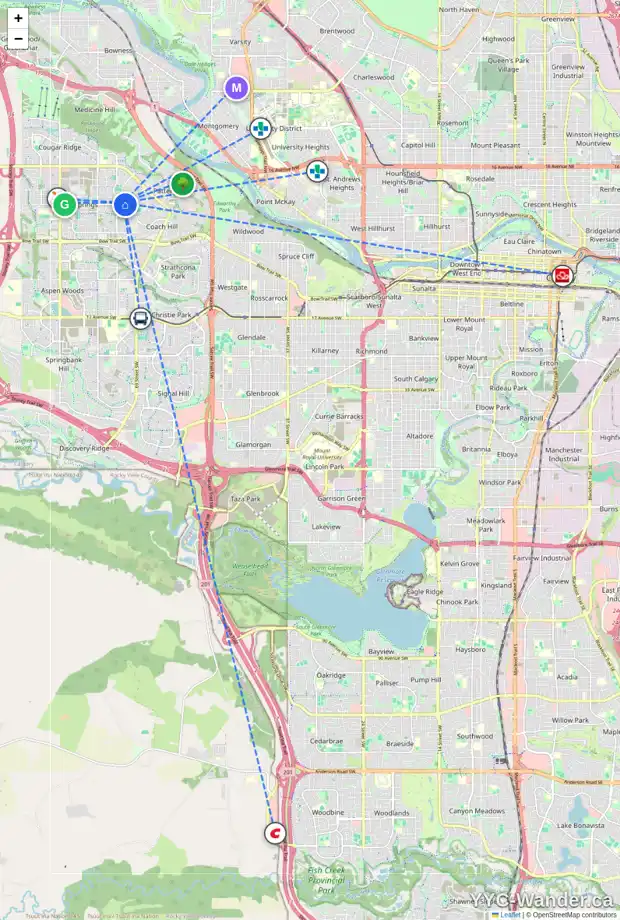 Daily accessibility map for 219 WESTPOINT GD SW, Calgary showing nearby schools, grocery stores, parks, LRT stations and nearby amenities