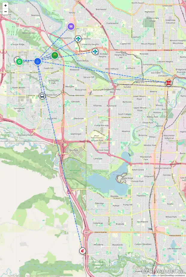 Daily accessibility map for 223 WESTPOINT GD SW, Calgary showing nearby schools, grocery stores, parks, LRT stations and nearby amenities