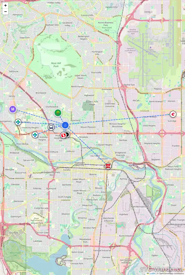 Daily accessibility map for 1736 22 AV NW, Calgary showing nearby schools, grocery stores, parks, LRT stations and nearby amenities