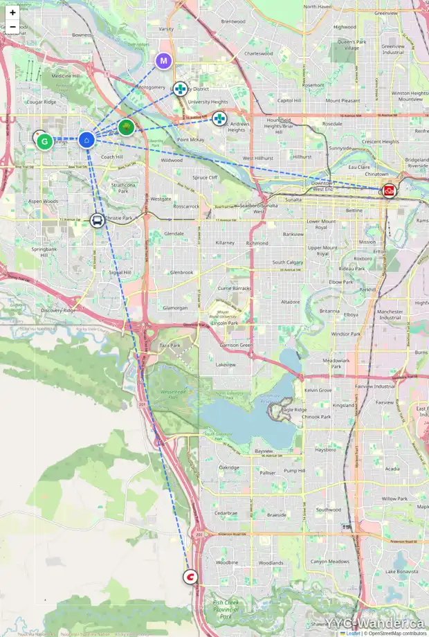 Daily accessibility map for 235 WESTPOINT GD SW, Calgary showing nearby schools, grocery stores, parks, LRT stations and nearby amenities