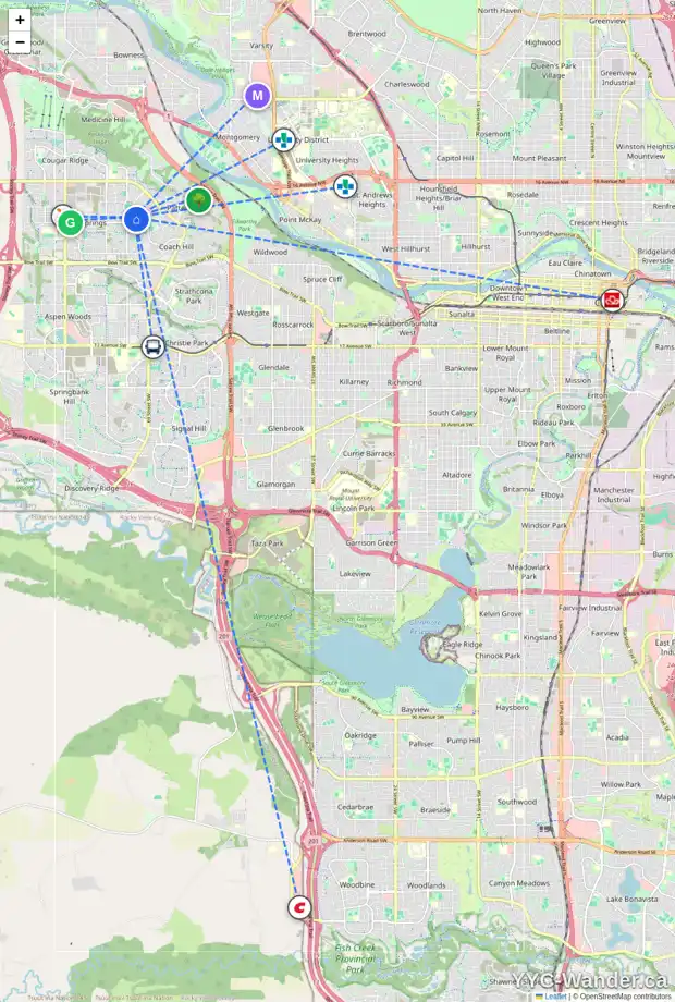 Daily accessibility map for 239 WESTPOINT GD SW, Calgary showing nearby schools, grocery stores, parks, LRT stations and nearby amenities