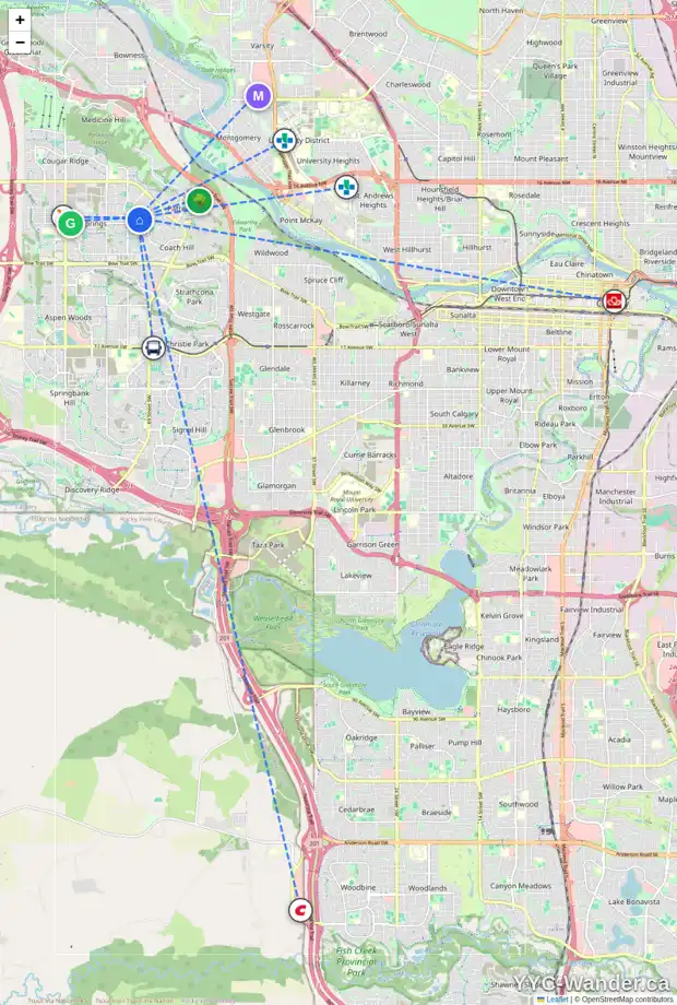 Daily accessibility map for 240 WESTPOINT GD SW, Calgary showing nearby schools, grocery stores, parks, LRT stations and nearby amenities