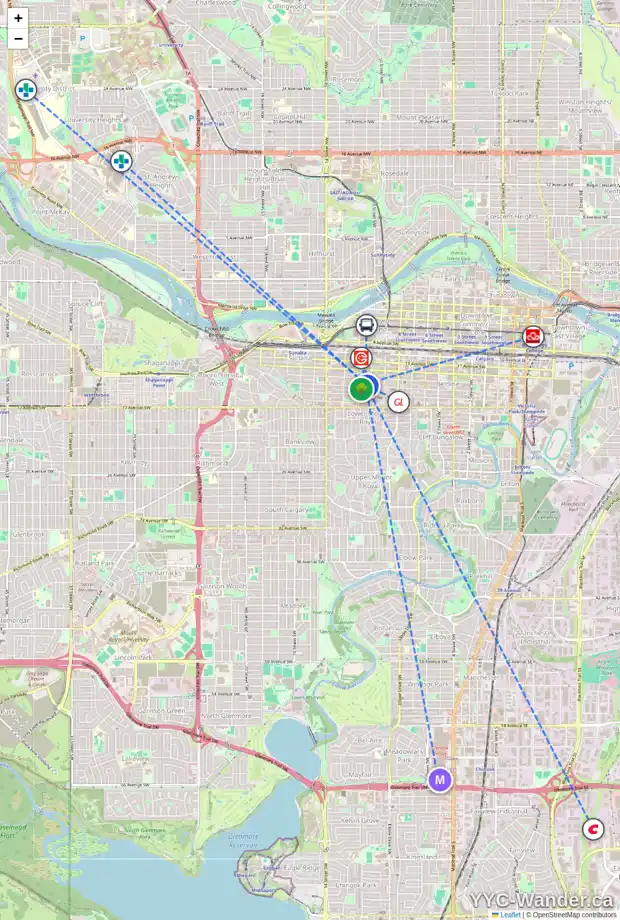 Daily accessibility map for 111 1124 14 AV SW, Calgary showing nearby schools, grocery stores, parks, LRT stations and nearby amenities