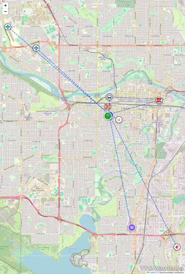 Daily accessibility map for 1108 14 AV SW, Calgary showing nearby schools, grocery stores, parks, LRT stations and nearby amenities