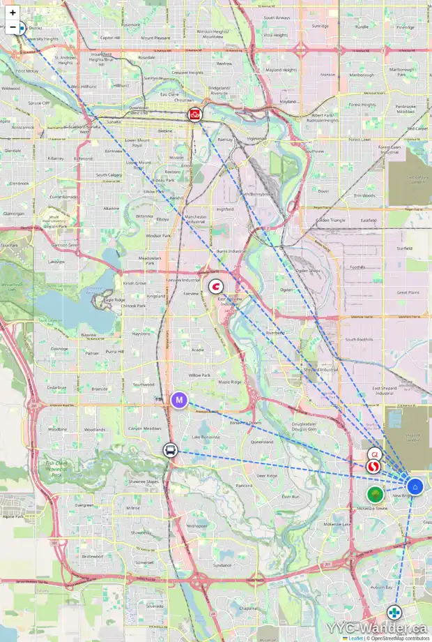 Daily accessibility map for 1068 BRIGHTONCREST GR SE, Calgary showing nearby schools, grocery stores, parks, LRT stations and nearby amenities