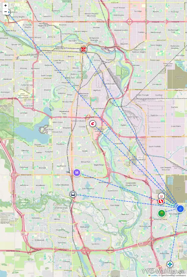 Daily accessibility map for 1252 BRIGHTONCREST GR SE, Calgary showing nearby schools, grocery stores, parks, LRT stations and nearby amenities