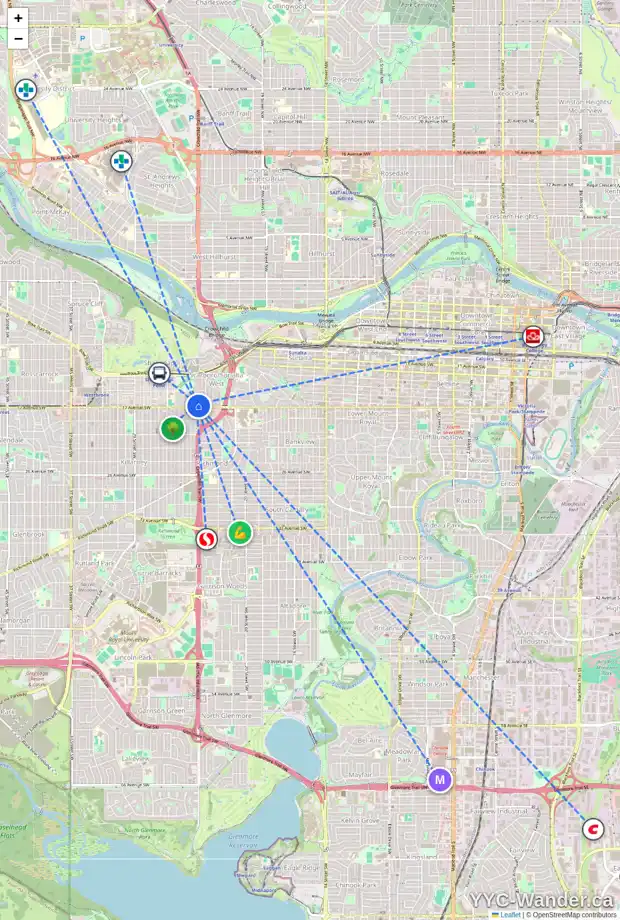 Daily accessibility map for 1739 24 ST SW, Calgary showing nearby schools, grocery stores, parks, LRT stations and nearby amenities
