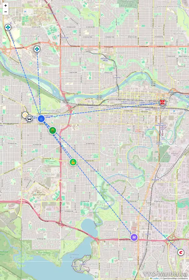 Daily accessibility map for 3004 14 AV SW, Calgary showing nearby schools, grocery stores, parks, LRT stations and nearby amenities