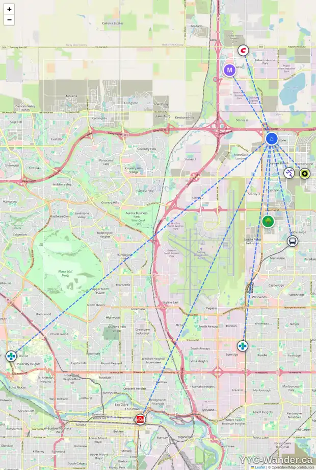 Daily accessibility map for 23 REDSTONE GD NE, Calgary showing nearby schools, grocery stores, parks, LRT stations and nearby amenities