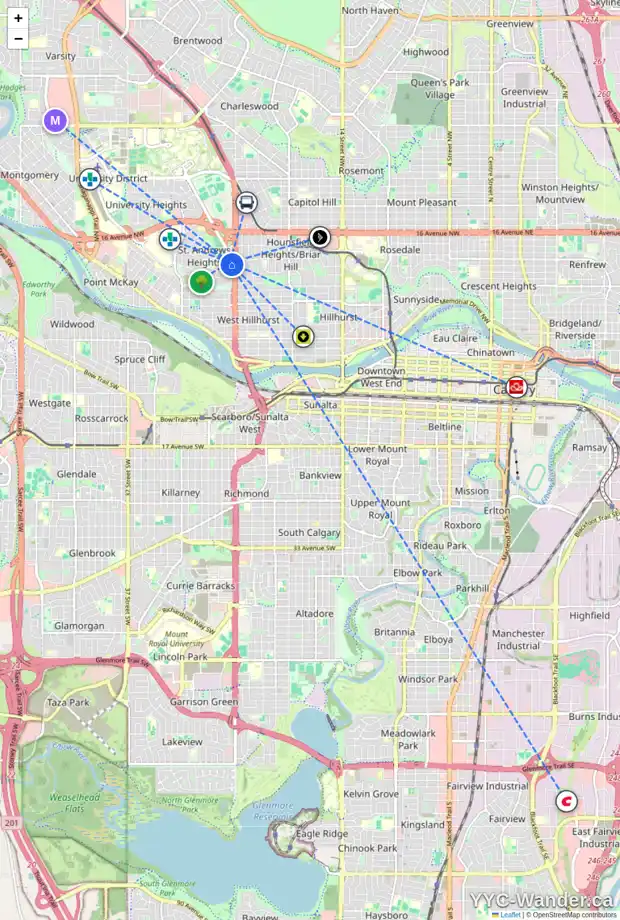 Daily accessibility map for 1315 UNIVERSITY DR NW, Calgary showing nearby schools, grocery stores, parks, LRT stations and nearby amenities