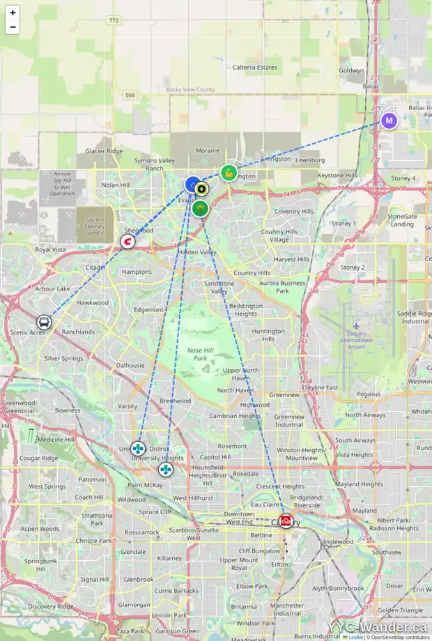 Daily accessibility map for 70 EVANSFIELD PA NW, Calgary showing nearby schools, grocery stores, parks, LRT stations and nearby amenities