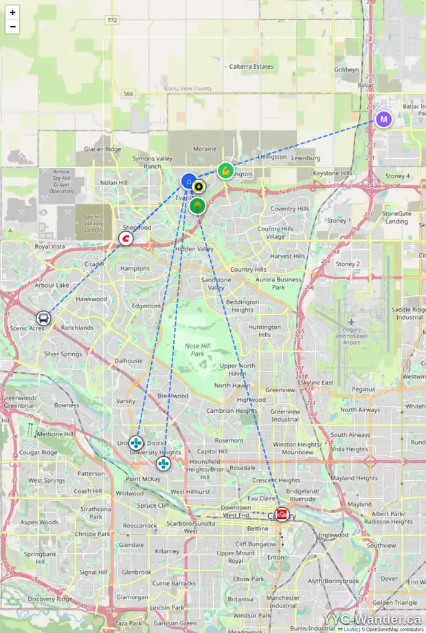 Daily accessibility map for 53 EVANSFIELD PA NW, Calgary showing nearby schools, grocery stores, parks, LRT stations and nearby amenities