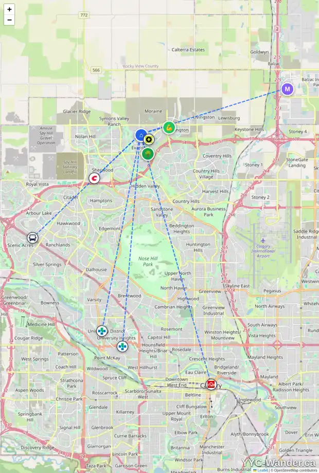 Daily accessibility map for 66 EVANSFIELD RI NW, Calgary showing nearby schools, grocery stores, parks, LRT stations and nearby amenities