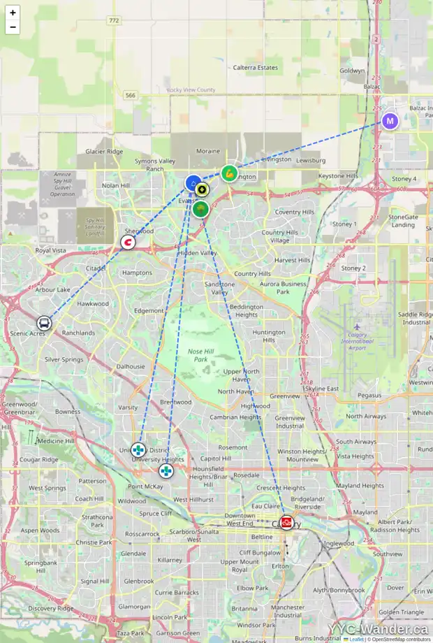 Daily accessibility map for 38 EVANSFIELD PA NW, Calgary showing nearby schools, grocery stores, parks, LRT stations and nearby amenities