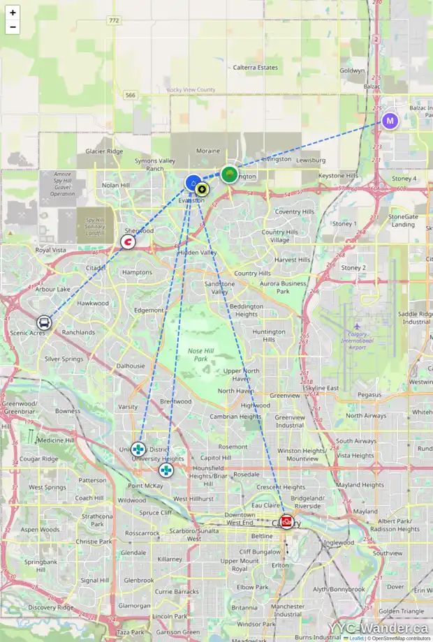 Daily accessibility map for 34 EVANSFIELD PA NW, Calgary showing nearby schools, grocery stores, parks, LRT stations and nearby amenities