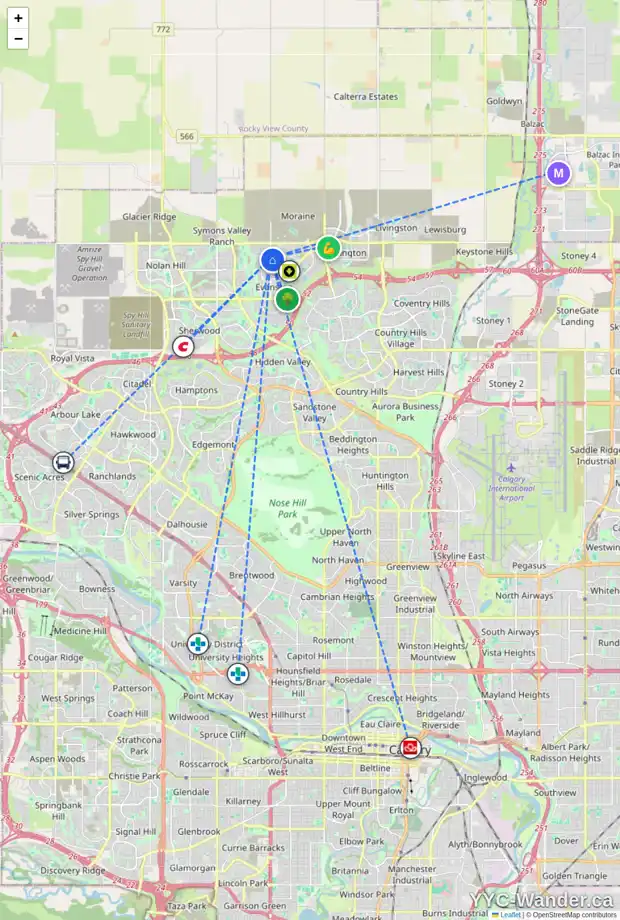 Daily accessibility map for 43 EVANSFIELD RI NW, Calgary showing nearby schools, grocery stores, parks, LRT stations and nearby amenities
